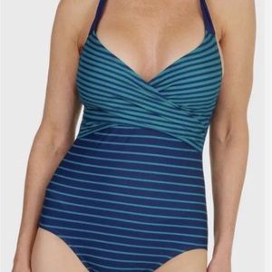 Penbrooke Women’s One piece Swimsuit Green Blue Striped Halter Size M
